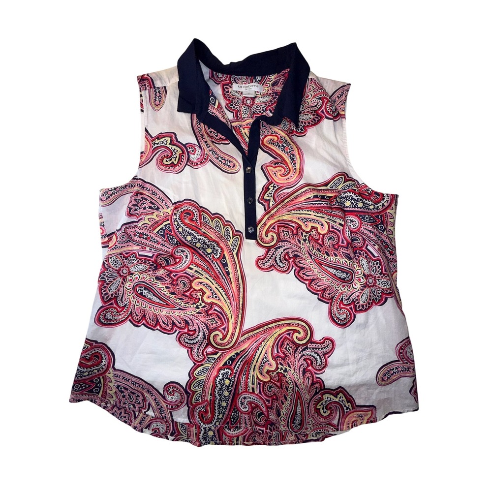 Liz Claiborne Petite XL Sleeveless Paisley Cotton Top Navy Pink White Camisole